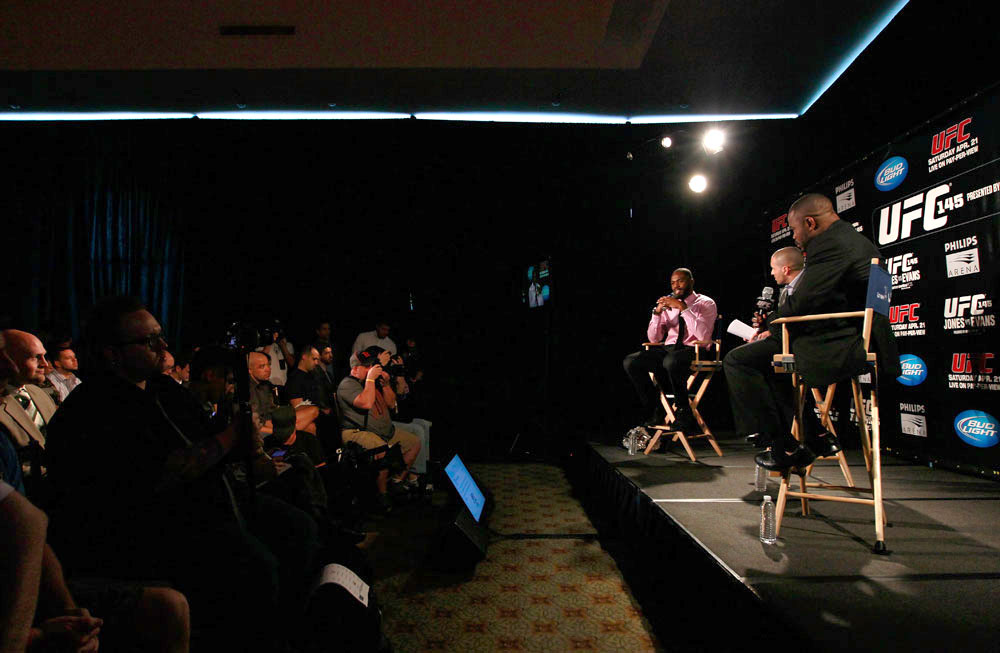 ATLANTA, GA - APRIL 18: Jon Jones and Rashad Evans converse with the media during the press conference for their UFC 145 bout at Park Tavern on April 18, 2012 in Atlanta, Georgia. (Photo by Kevin C. Cox/Zuffa LLC/Zuffa LLC via Getty Images)
