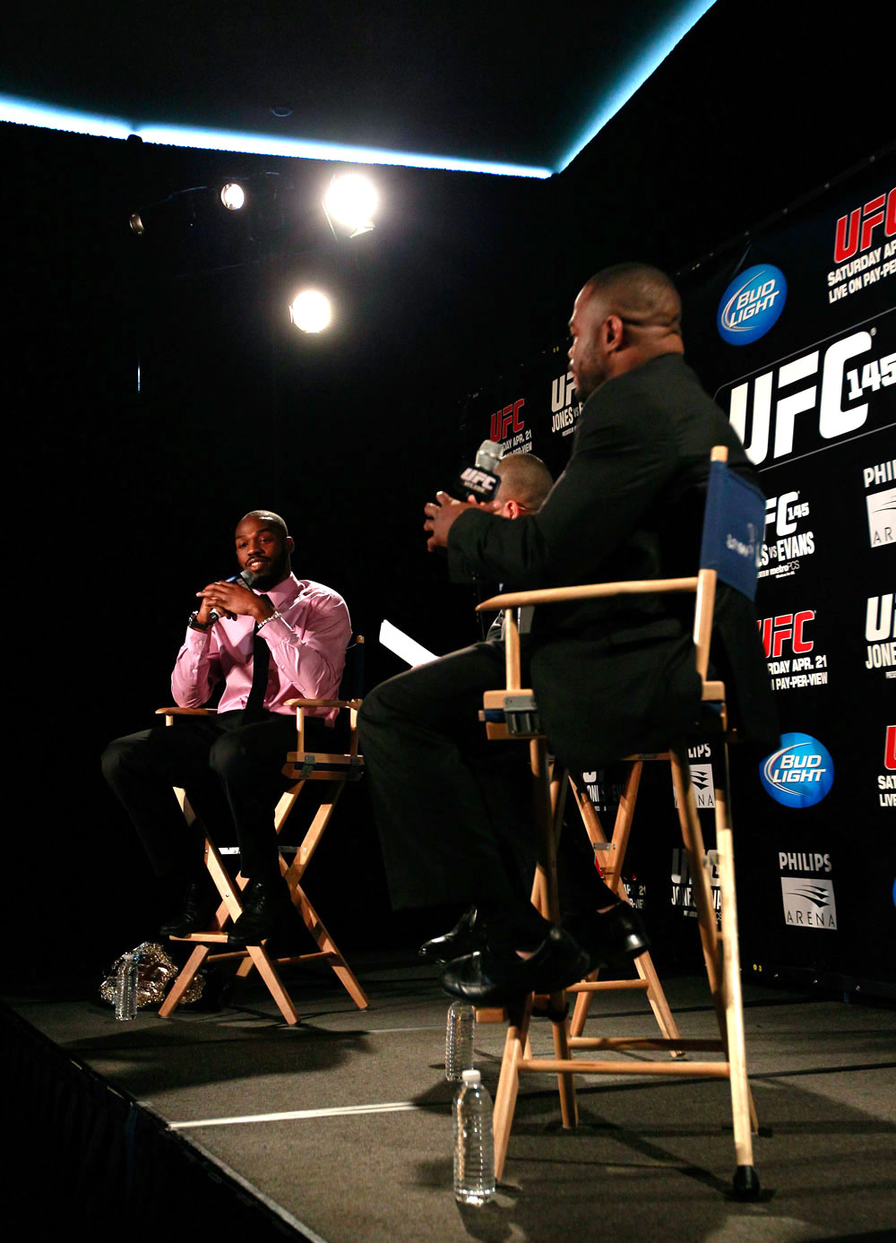 ATLANTA, GA - APRIL 18: Jon Jones and Rashad Evans converse with the media during the press conference for their UFC 145 bout at Park Tavern on April 18, 2012 in Atlanta, Georgia. (Photo by Kevin C. Cox/Zuffa LLC/Zuffa LLC via Getty Images)