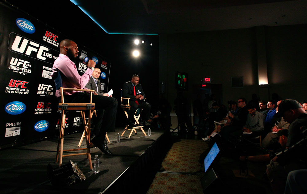 ATLANTA, GA - APRIL 18: Jon Jones and Rashad Evans converse with the media during the press conference for their UFC 145 bout at Park Tavern on April 18, 2012 in Atlanta, Georgia. (Photo by Kevin C. Cox/Zuffa LLC/Zuffa LLC via Getty Images)