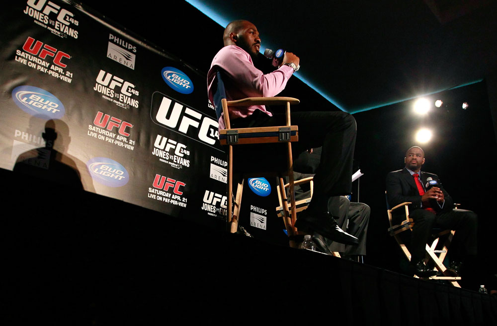 ATLANTA, GA - APRIL 18: Jon Jones and Rashad Evans converse with the media during the press conference for their UFC 145 bout at Park Tavern on April 18, 2012 in Atlanta, Georgia. (Photo by Kevin C. Cox/Zuffa LLC/Zuffa LLC via Getty Images)