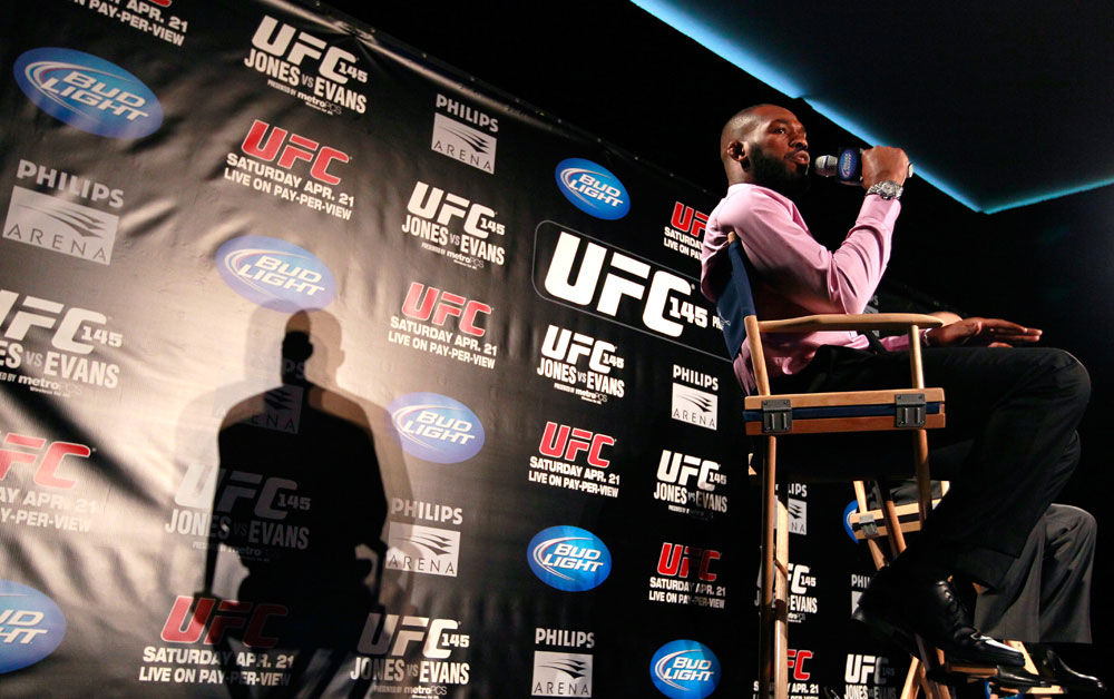 ATLANTA, GA - APRIL 18: Jon Jones converses with the media during the press conference for his UFC 145 bout against Rashad Evans at Park Tavern on April 18, 2012 in Atlanta, Georgia. (Photo by Kevin C. Cox/Zuffa LLC/Zuffa LLC via Getty Images)