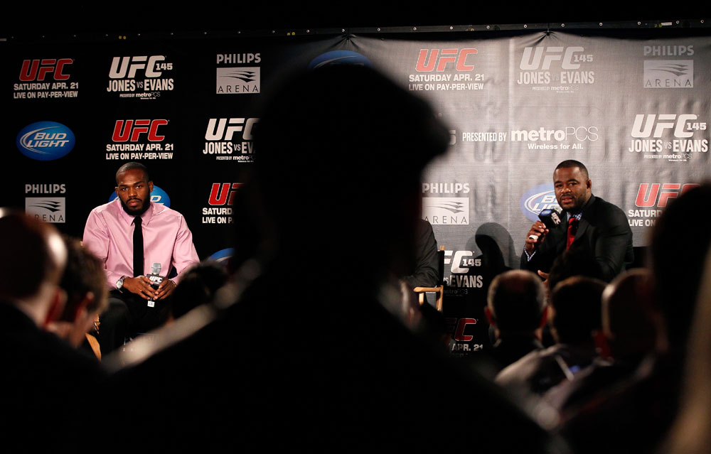 ATLANTA, GA - APRIL 18: Jon Jones and Rashad Evans converse with the media during the press conference for the UFC 145 bout between Jones v Evans at Park Tavern on April 18, 2012 in Atlanta, Georgia. (Photo by Kevin C. Cox/Zuffa LLC/Zuffa LLC via Getty Images)
