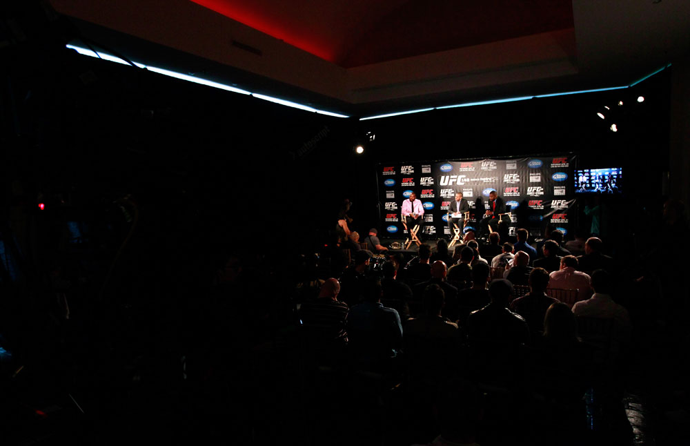 ATLANTA, GA - APRIL 18: Jon Jones and Rashad Evans converse with the media during the press conference for their UFC 145 bout at Park Tavern on April 18, 2012 in Atlanta, Georgia. (Photo by Kevin C. Cox/Zuffa LLC/Zuffa LLC via Getty Images)