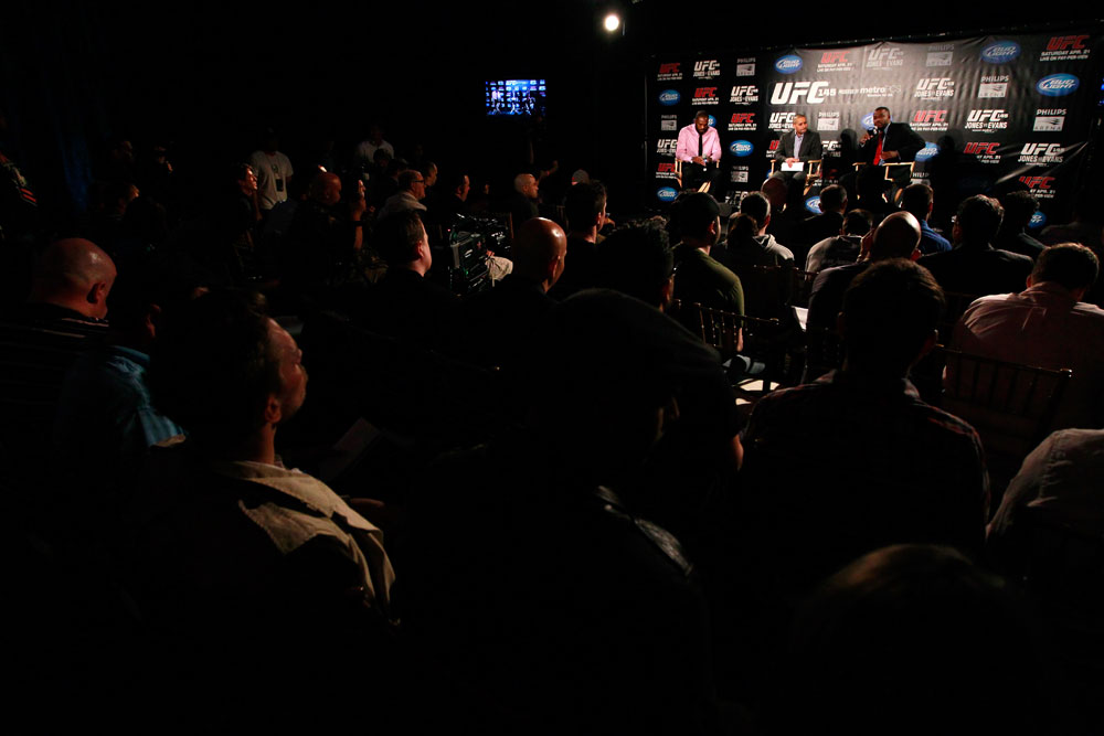 ATLANTA, GA - APRIL 18: Jon Jones and Rashad Evans converse with the media during the press conference for their UFC 145 bout at Park Tavern on April 18, 2012 in Atlanta, Georgia. (Photo by Kevin C. Cox/Zuffa LLC/Zuffa LLC via Getty Images)