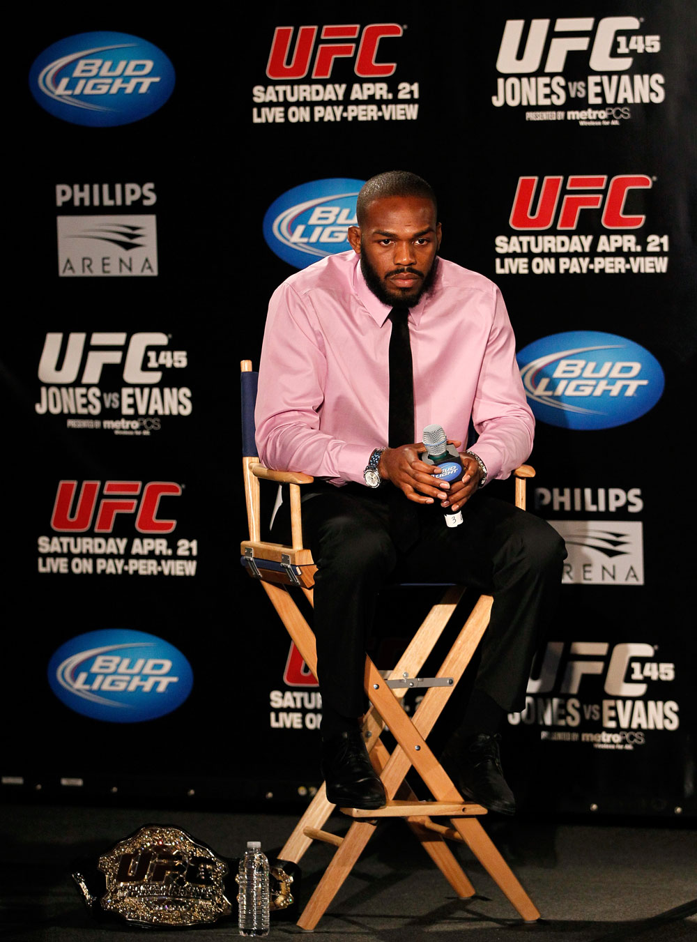 ATLANTA, GA - APRIL 18: Jon Jones converses with the media during the press conference for his UFC 145 bout against Rashad Evans at Park Tavern on April 18, 2012 in Atlanta, Georgia. (Photo by Kevin C. Cox/Zuffa LLC/Zuffa LLC via Getty Images)