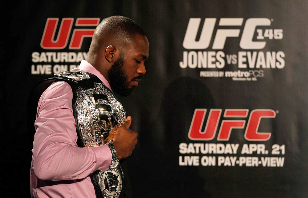 ATLANTA, GA - APRIL 18: Jon Jones stands with his Light Heavyweight Championship belt during the press conference for his UFC 145 bout against Rashad Evans at Park Tavern on April 18, 2012 in Atlanta, Georgia. (Photo by Kevin C. Cox/Zuffa LLC/Zuffa LLC via Getty Images)