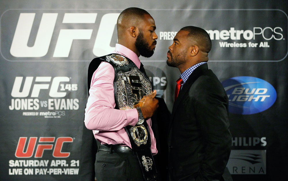 ATLANTA, GA - APRIL 18: Jon Jones and Rashad Evans square off during the press conference for their UFC 145 bout at Park Tavern on April 18, 2012 in Atlanta, Georgia. (Photo by Kevin C. Cox/Zuffa LLC/Zuffa LLC via Getty Images)
