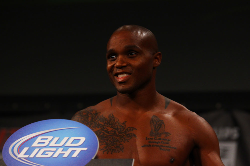 ATLANTA, GA - APRIL 20: Featherweight fighters Marcus Brimage weighs in for his fight against Maximo Blanco during the UFC 145 official weigh in at Fox Theatre on April 20, 2012 in Atlanta, Georgia. (Photo by Al Bello/Zuffa LLC/Zuffa LLC via Getty Images)