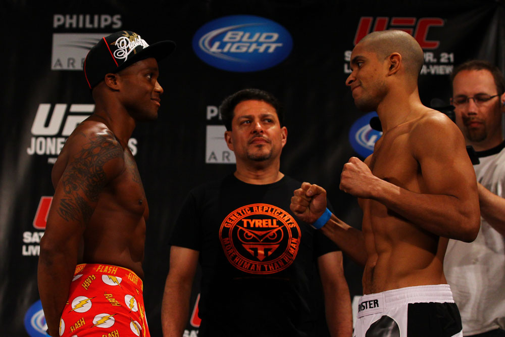 ATLANTA, GA - APRIL 20:  Featherweight fighters Marcus Brimage and Maximo Blanco square off during the UFC 145 official weigh in at Fox Theatre on April 20, 2012 in Atlanta, Georgia.  (Photo by Al Bello/Zuffa LLC/Zuffa LLC via Getty Images)
