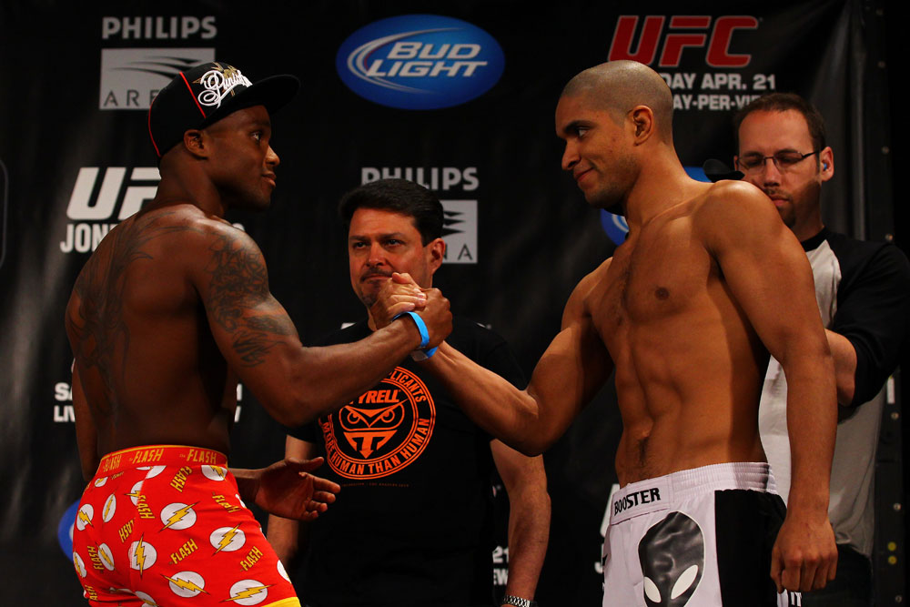 ATLANTA, GA - APRIL 20: Featherweight fighters Marcus Brimage and Maximo Blanco square off during the UFC 145 official weigh in at Fox Theatre on April 20, 2012 in Atlanta, Georgia. (Photo by Al Bello/Zuffa LLC/Zuffa LLC via Getty Images)