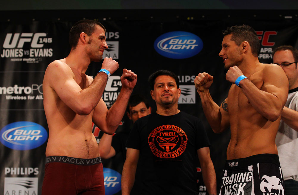 ATLANTA, GA - APRIL 20:  Welterweight fighters Keith Wisniewski (L) and Chris Clements square off during the UFC 145 official weigh in at Fox Theatre on April 20, 2012 in Atlanta, Georgia.  (Photo by Al Bello/Zuffa LLC/Zuffa LLC via Getty Images)