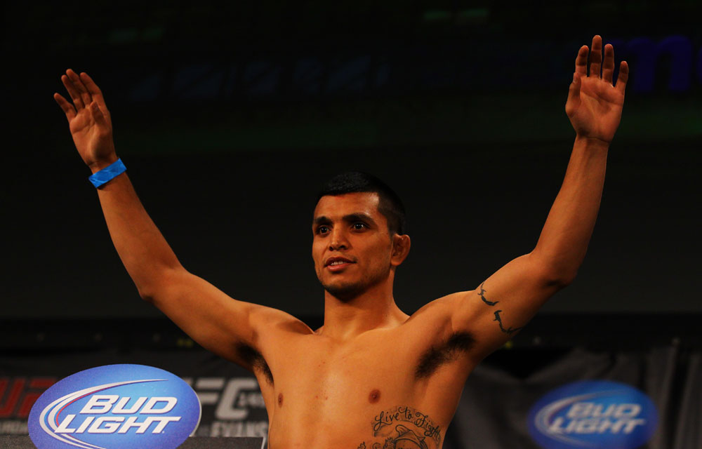 ATLANTA, GA - APRIL 20: Lightweight fighter Efrain Escudero weighs in for his fight against Mac Danzig during the UFC 145 official weigh in at Fox Theatre on April 20, 2012 in Atlanta, Georgia. (Photo by Al Bello/Zuffa LLC/Zuffa LLC via Getty Images)