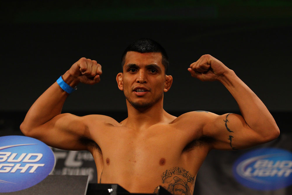 ATLANTA, GA - APRIL 20: Lightweight fighter Efrain Escudero weighs in for his fight against Mac Danzig during the UFC 145 official weigh in at Fox Theatre on April 20, 2012 in Atlanta, Georgia. (Photo by Al Bello/Zuffa LLC/Zuffa LLC via Getty Images)