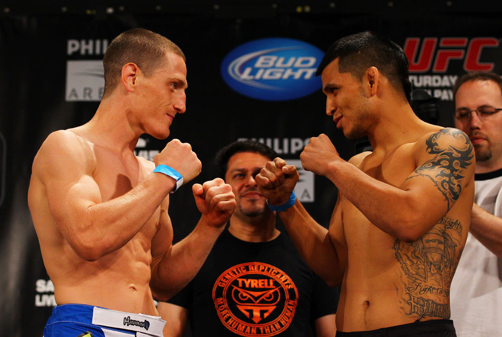 ATLANTA, GA - APRIL 20: Leightweight fighters Mac Danzig (L) and Efrain Escudero square off during the UFC 145 official weigh in at Fox Theatre on April 20, 2012 in Atlanta, Georgia. (Photo by Al Bello/Zuffa LLC/Zuffa LLC via Getty Images)