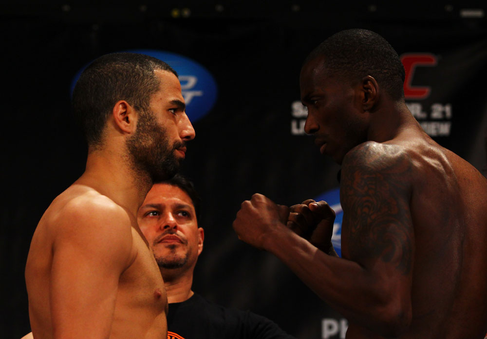 ATLANTA, GA - APRIL 20: Lightweight fighters John Makdessi (L) and Anthony Njokuani square off during the UFC 145 official weigh in at Fox Theatre on April 20, 2012 in Atlanta, Georgia. (Photo by Al Bello/Zuffa LLC/Zuffa LLC via Getty Images)