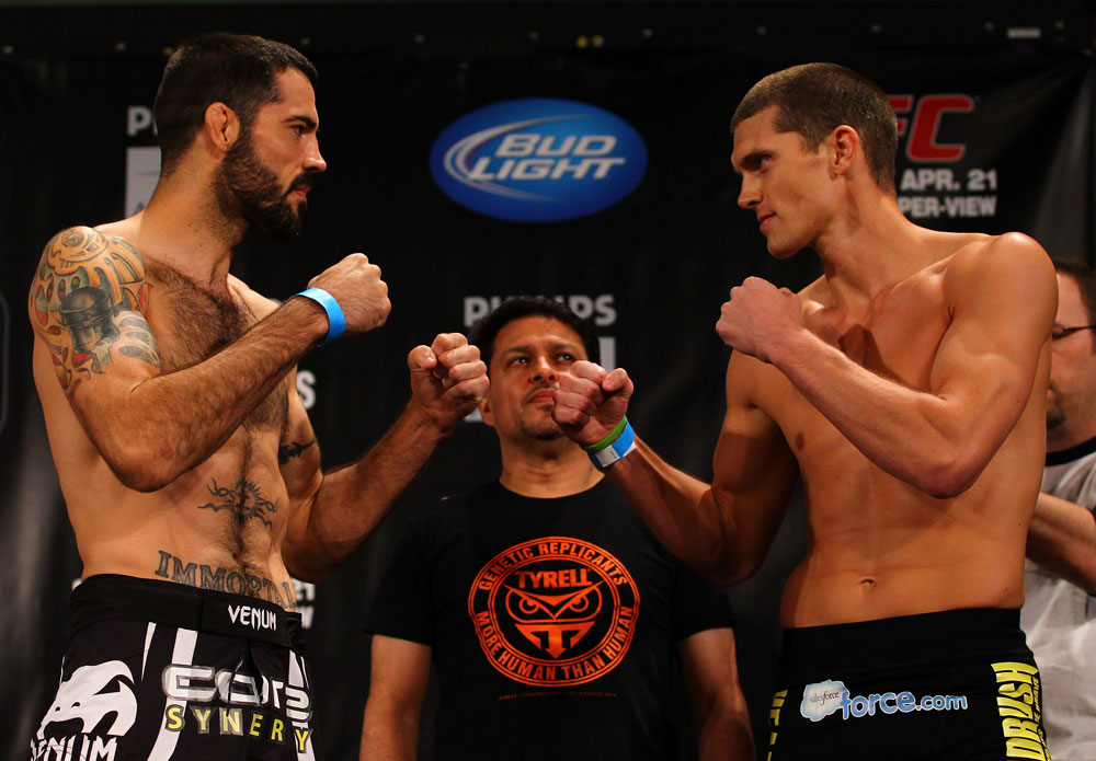 ATLANTA, GA - APRIL 20: Welterweight fighters Matt Brown and Stephen Thompson square off during the UFC 145 official weigh in at Fox Theatre on April 20, 2012 in Atlanta, Georgia. (Photo by Al Bello/Zuffa LLC/Zuffa LLC via Getty Images)