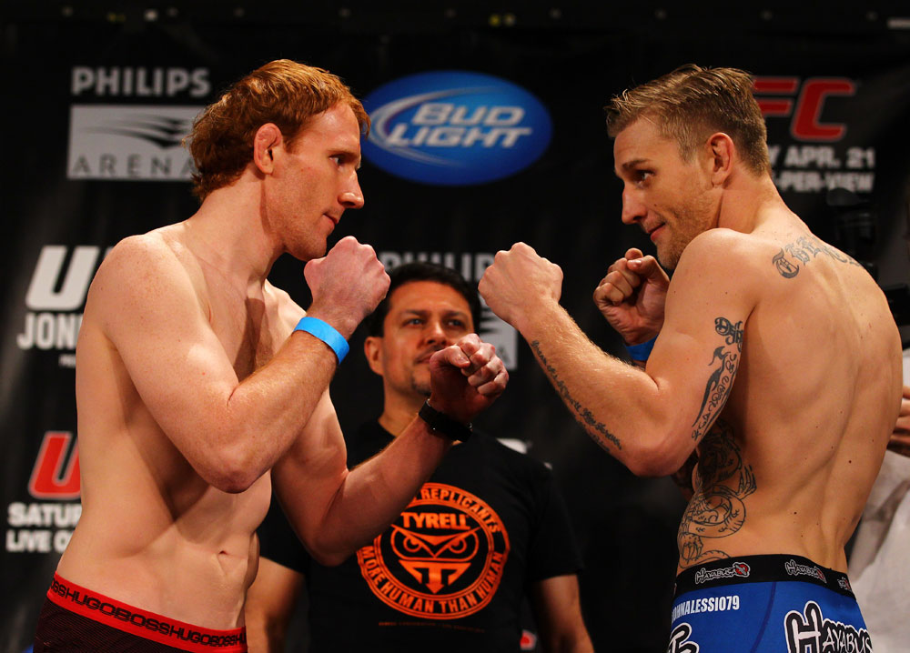 ATLANTA, GA - APRIL 20: Lightweight fighters Mark Bocek (L) and John Alessio square off during the UFC 145 official weigh in at Fox Theatre on April 20, 2012 in Atlanta, Georgia. (Photo by Al Bello/Zuffa LLC/Zuffa LLC via Getty Images)