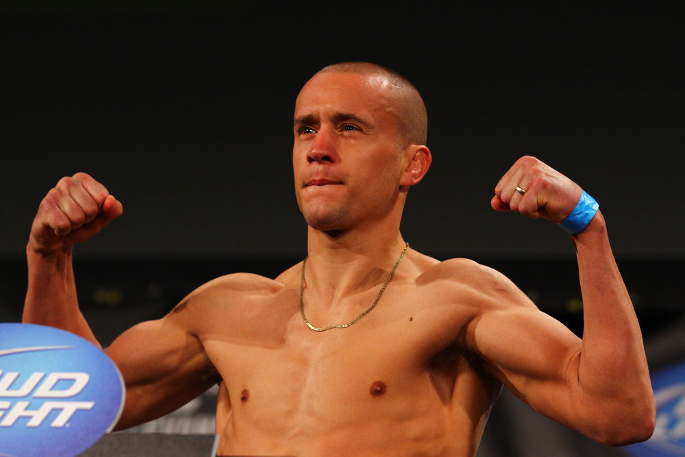 ATLANTA, GA - APRIL 20: Featherweight fighter Mark Hominick weighs in for his bout against Eddie Yagin during the UFC 145 official weigh in at Fox Theatre on April 20, 2012 in Atlanta, Georgia. (Photo by Al Bello/Zuffa LLC/Zuffa LLC via Getty Images)
