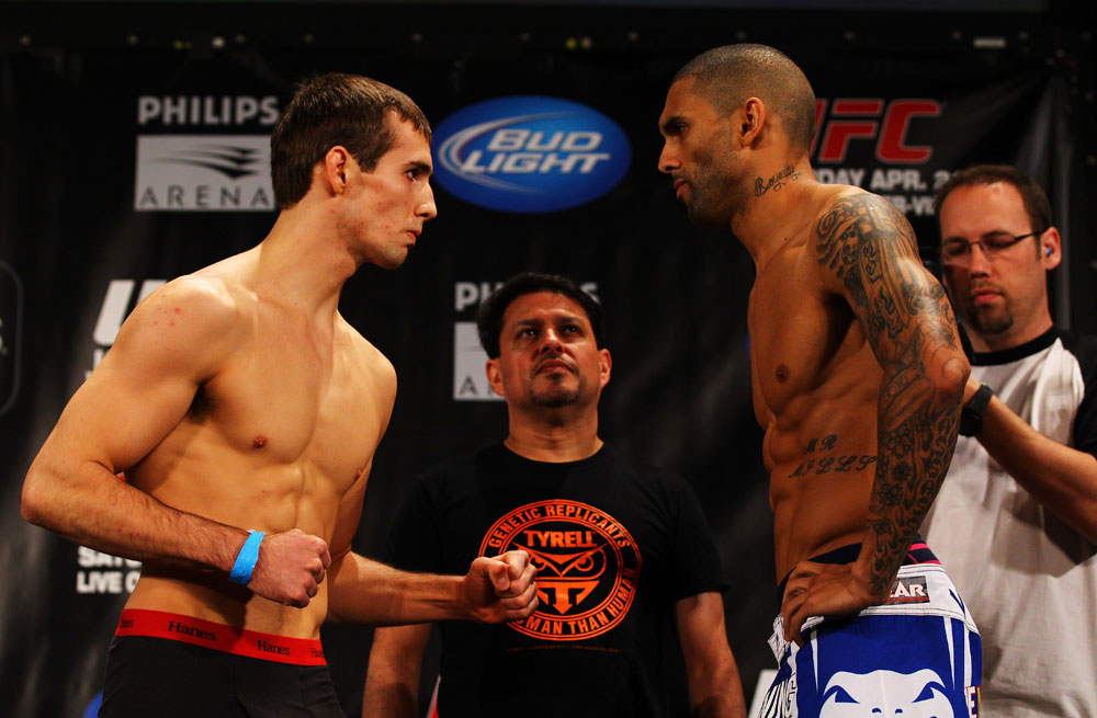 ATLANTA, GA - APRIL 20: Welterweight fighters Rory MacDonald (L) and Che Mills square off during the UFC 145 official weigh in at Fox Theatre on April 20, 2012 in Atlanta, Georgia. (Photo by Al Bello/Zuffa LLC/Zuffa LLC via Getty Images)