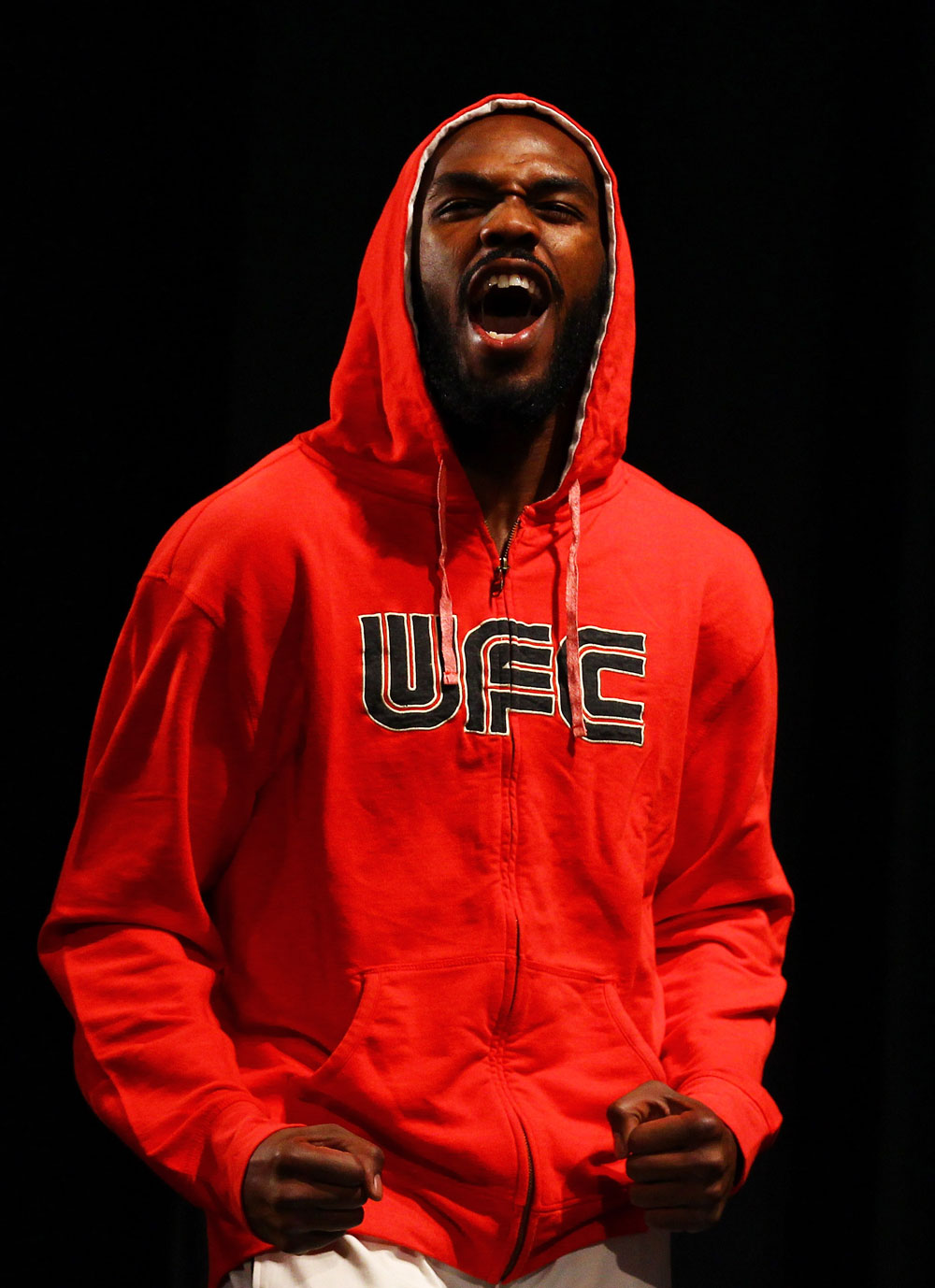 ATLANTA, GA - APRIL 20: Light Heavyweight fighter Jon Jones reacts during the UFC 145 official weigh in at Fox Theatre on April 20, 2012 in Atlanta, Georgia. (Photo by Al Bello/Zuffa LLC/Zuffa LLC via Getty Images)