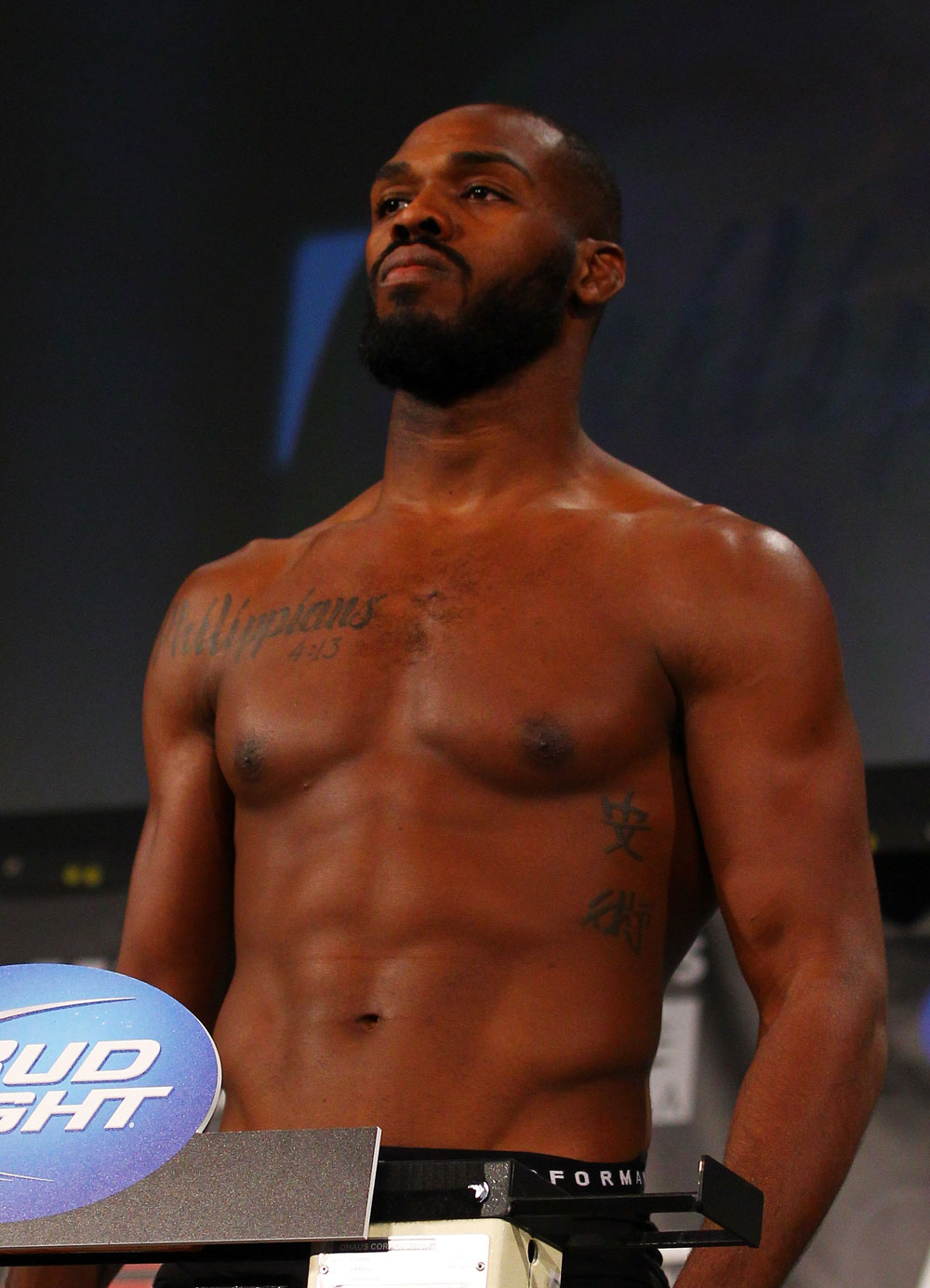 ATLANTA, GA - APRIL 20: Light Heavyweight fighter Jon Jones weighs in for his bout with Rashad Evans during the UFC 145 official weigh in at Fox Theatre on April 20, 2012 in Atlanta, Georgia. (Photo by Al Bello/Zuffa LLC/Zuffa LLC via Getty Images)