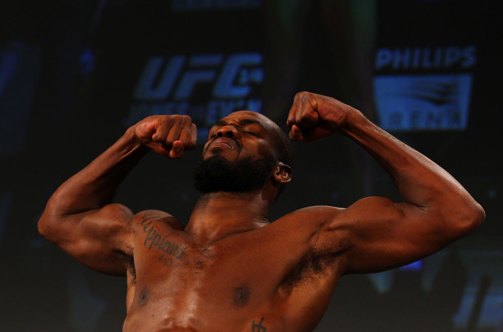 ATLANTA, GA - APRIL 20: Light Heavyweight fighter Jon Jones weighs in for his bout with Rashad Evans during the UFC 145 official weigh in at Fox Theatre on April 20, 2012 in Atlanta, Georgia. (Photo by Al Bello/Zuffa LLC/Zuffa LLC via Getty Images)