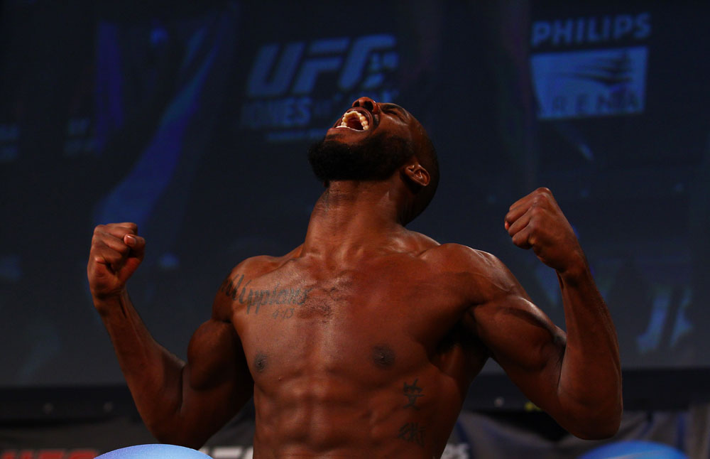 ATLANTA, GA - APRIL 20: Light Heavyweight fighter Jon Jones weighs in for his bout with Rashad Evans during the UFC 145 official weigh in at Fox Theatre on April 20, 2012 in Atlanta, Georgia. (Photo by Al Bello/Zuffa LLC/Zuffa LLC via Getty Images)