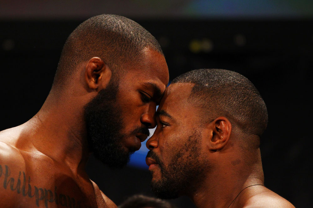 ATLANTA, GA - APRIL 20: Jon Jones (L) and Rashad Evans face off during the UFC 145 official weigh in at Fox Theatre on April 20, 2012 in Atlanta, Georgia. (Photo by Al Bello/Zuffa LLC/Zuffa LLC via Getty Images)