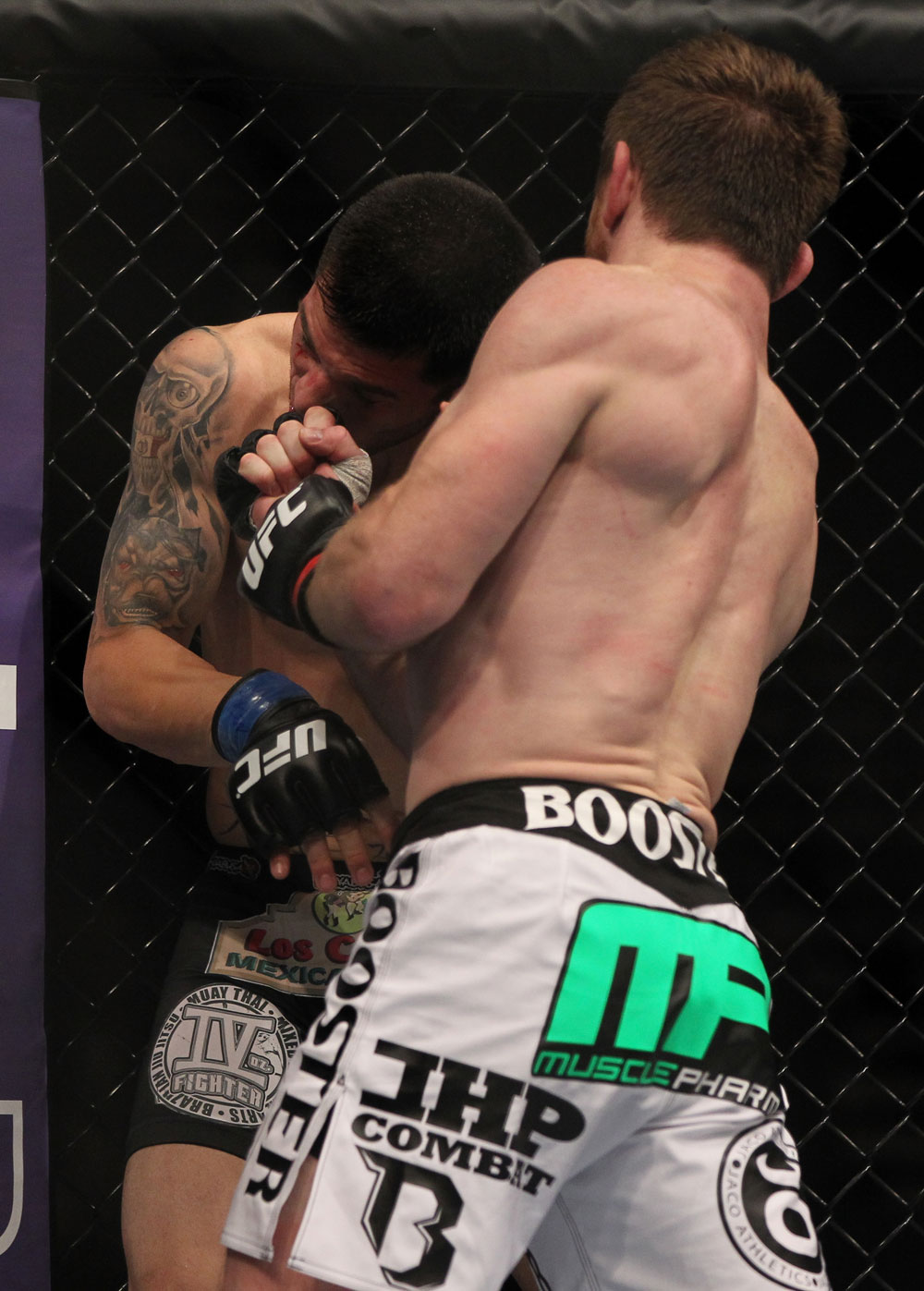 LAS VEGAS, NV - MAY 26:  Mike Brown (right) punches Daniel Pineda during a light featherweight bout at UFC 146 at MGM Grand Garden Arena on May 26, 2012 in Las Vegas, Nevada.  (Photo by Josh Hedges/Zuffa LLC/Zuffa LLC via Getty Images)