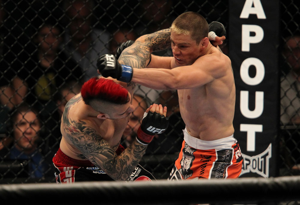 LAS VEGAS, NV - MAY 26:  (L-R) Dan Hardy and Duane Ludwig exchange punches during a welterweight bout at UFC 146 at MGM Grand Garden Arena on May 26, 2012 in Las Vegas, Nevada.  (Photo by Josh Hedges/Zuffa LLC/Zuffa LLC via Getty Images)