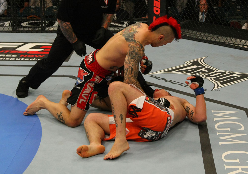 LAS VEGAS, NV - MAY 26:  Dan Hardy (top) punches Duane Ludwig during a welterweight bout at UFC 146 at MGM Grand Garden Arena on May 26, 2012 in Las Vegas, Nevada.  (Photo by Donald Miralle/Zuffa LLC/Zuffa LLC via Getty Images)
