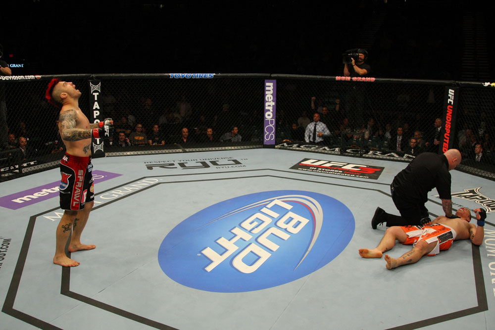 LAS VEGAS, NV - MAY 26:  Dan Hardy (L) reacts to his knockout victory over Duane Ludwig during a welterweight bout at UFC 146 at MGM Grand Garden Arena on May 26, 2012 in Las Vegas, Nevada.  (Photo by Donald Miralle/Zuffa LLC/Zuffa LLC via Getty Images)