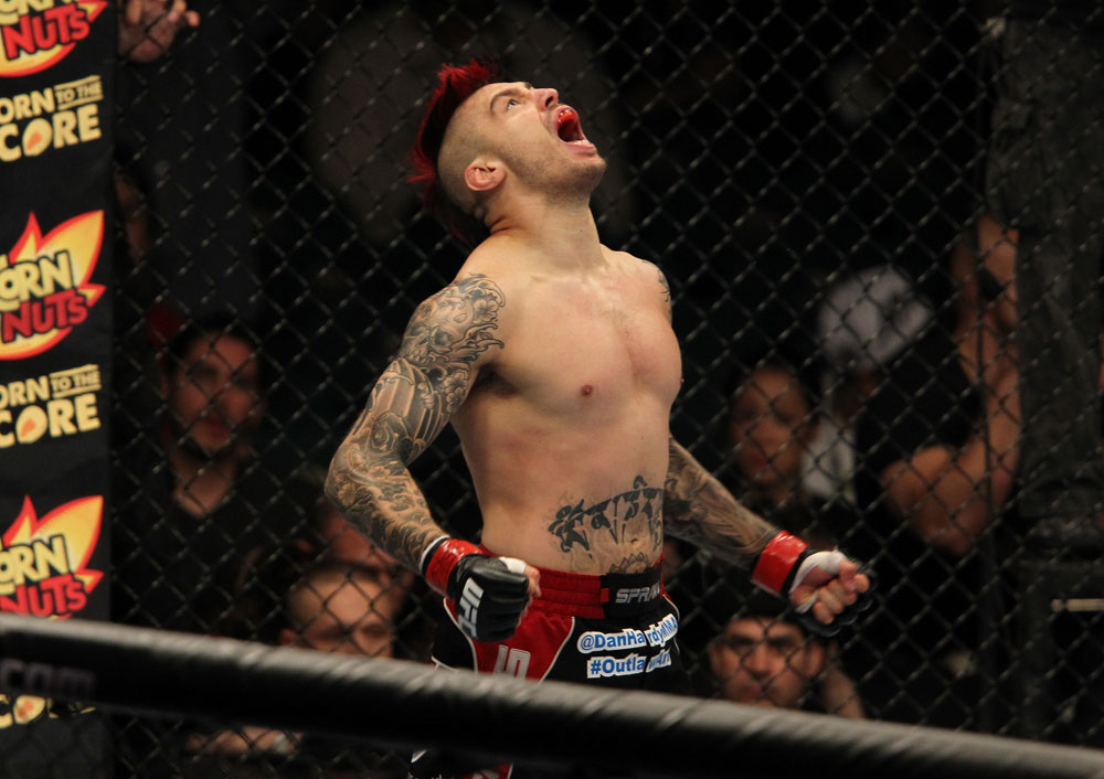 LAS VEGAS, NV - MAY 26:  Dan Hardy reacts to his knockout win over Duane Ludwig during a welterweight bout at UFC 146 at MGM Grand Garden Arena on May 26, 2012 in Las Vegas, Nevada.  (Photo by Josh Hedges/Zuffa LLC/Zuffa LLC via Getty Images)