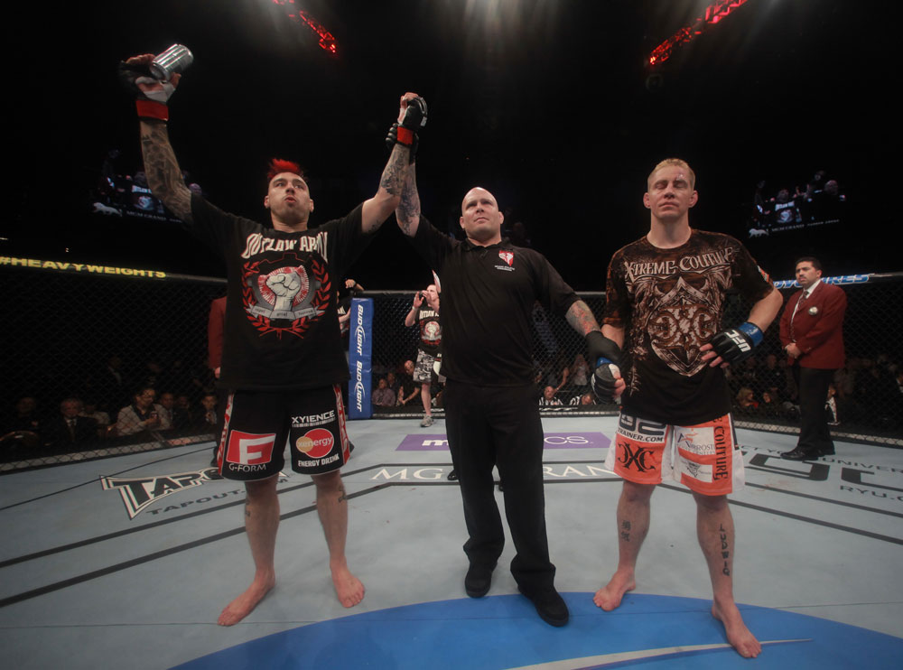 LAS VEGAS, NV - MAY 26:  Dan Hardy (L) reacts to his knockout victory over Duane Ludwig during a welterweight bout at UFC 146 at MGM Grand Garden Arena on May 26, 2012 in Las Vegas, Nevada.  (Photo by Donald Miralle/Zuffa LLC/Zuffa LLC via Getty Images)