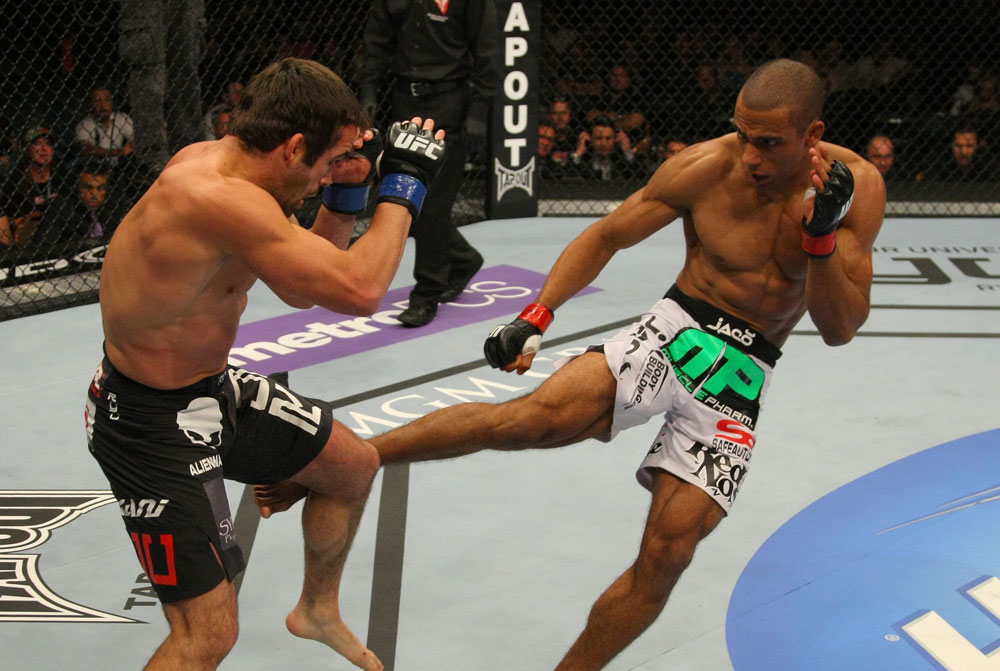 LAS VEGAS, NV - MAY 26:  Edson Barboza (R) kicks Jamie Varner during a lightweight bout at UFC 146 at MGM Grand Garden Arena on May 26, 2012 in Las Vegas, Nevada.  (Photo by Donald Miralle/Zuffa LLC/Zuffa LLC via Getty Images)