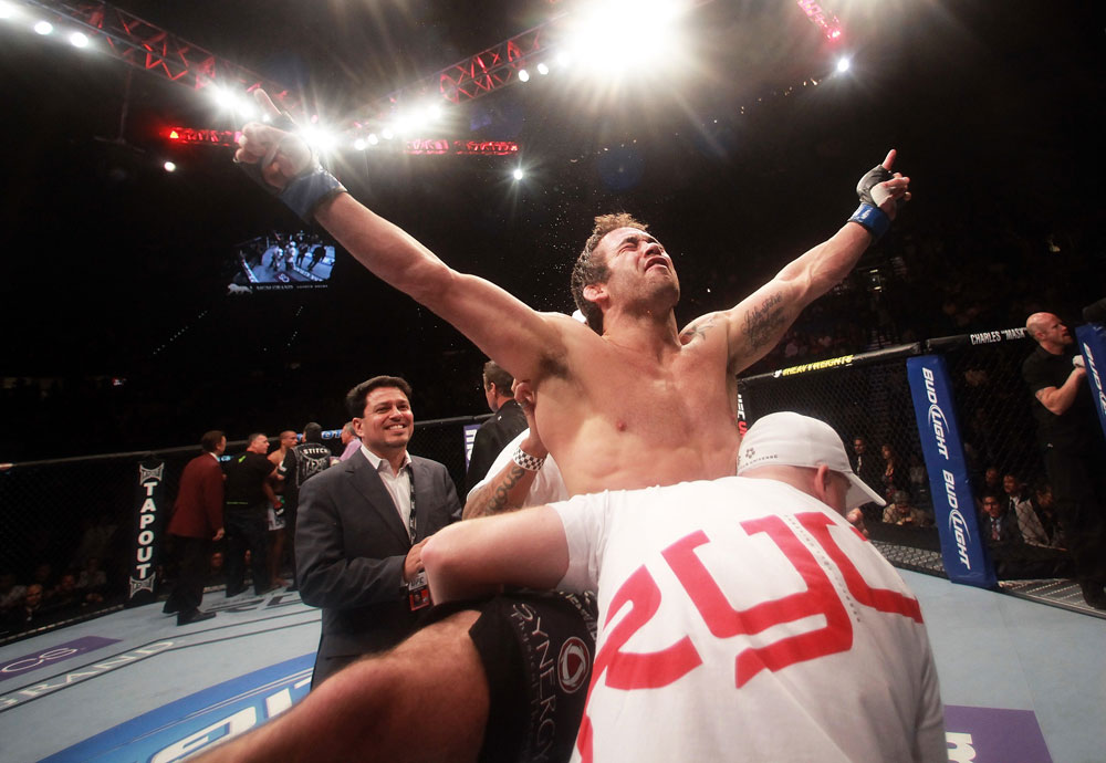 LAS VEGAS, NV - MAY 26:  Jamie Varner reacts to his knockout victory of Edson Barboza during a lightweight bout at UFC 146 at MGM Grand Garden Arena on May 26, 2012 in Las Vegas, Nevada.  (Photo by Donald Miralle/Zuffa LLC/Zuffa LLC via Getty Images)