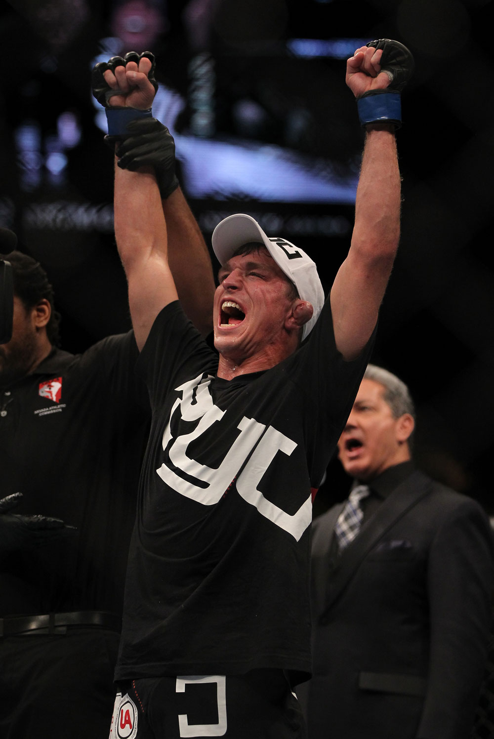LAS VEGAS, NV - MAY 26:  Darren Elkins reacts to being declared the winner in his fight against Diego Brandao during a featherweight bout at UFC 146 at MGM Grand Garden Arena on May 26, 2012 in Las Vegas, Nevada.  (Photo by Josh Hedges/Zuffa LLC/Zuffa LLC via Getty Images)