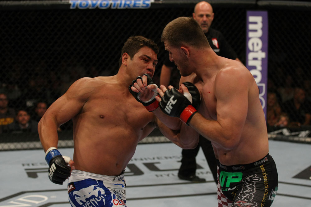 LAS VEGAS, NV - MAY 26:  Shane Del Rosario (L) punches Stipe Miocic during a heavyweight bout at UFC 146 at MGM Grand Garden Arena on May 26, 2012 in Las Vegas, Nevada.  (Photo by Donald Miralle/Zuffa LLC/Zuffa LLC via Getty Images)