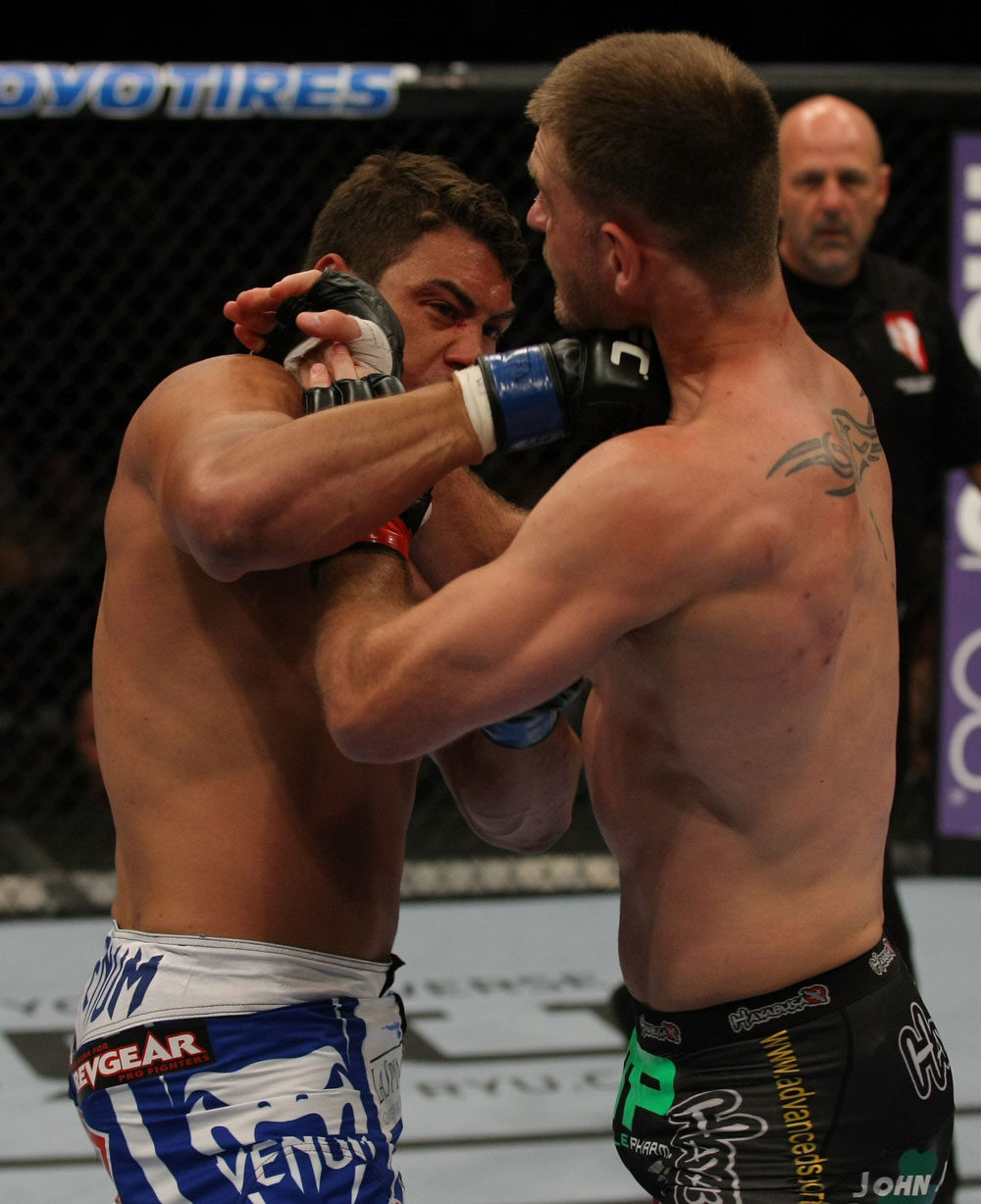 LAS VEGAS, NV - MAY 26:  Shane Del Rosario (L) punches Stipe Miocic during a heavyweight bout at UFC 146 at MGM Grand Garden Arena on May 26, 2012 in Las Vegas, Nevada.  (Photo by Donald Miralle/Zuffa LLC/Zuffa LLC via Getty Images)