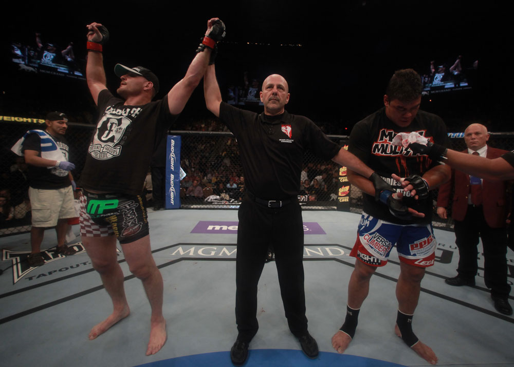 LAS VEGAS, NV - MAY 26:  Stipe Miocic (L) is declared the winner in his fight against Shane Del Rosario (R) during a heavyweight bout at UFC 146 at MGM Grand Garden Arena on May 26, 2012 in Las Vegas, Nevada.  (Photo by Donald Miralle/Zuffa LLC/Zuffa LLC via Getty Images)