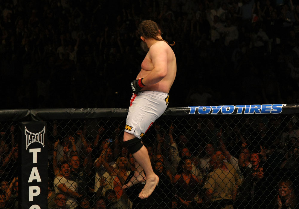 LAS VEGAS, NV - MAY 26:  Roy Nelson sits atop the Octagon after his knockout victory over Dave Herman during a heavyweight bout at UFC 146 at MGM Grand Garden Arena on May 26, 2012 in Las Vegas, Nevada.  (Photo by Donald Miralle/Zuffa LLC/Zuffa LLC via Getty Images)