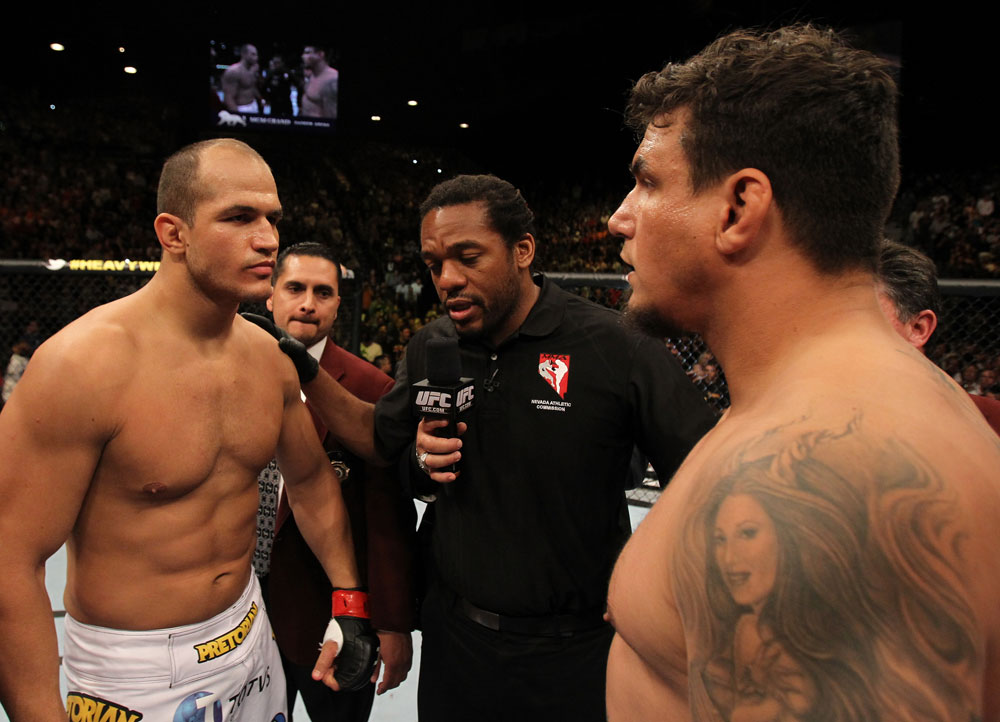 LAS VEGAS, NV - MAY 26:  Junior dos Santos (left) and Frank Mir (right) faceoff before the Heavyweight Championship bout at UFC 146 at MGM Grand Garden Arena on May 26, 2012 in Las Vegas, Nevada.  (Photo by Josh Hedges/Zuffa LLC/Zuffa LLC via Getty Images)