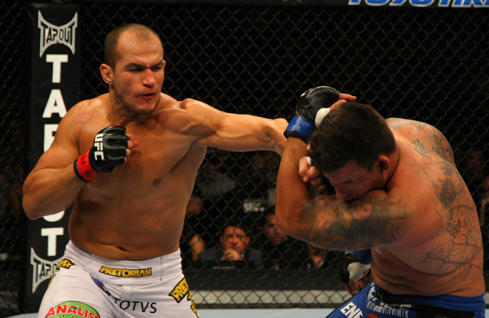 LAS VEGAS, NV - MAY 26:  Junior dos Santos (L) punches Frank Mir during the Heavyweight Championship bout at UFC 146 at MGM Grand Garden Arena on May 26, 2012 in Las Vegas, Nevada. (Photo by Donald Miralle/Zuffa LLC/Zuffa LLC via Getty Images)