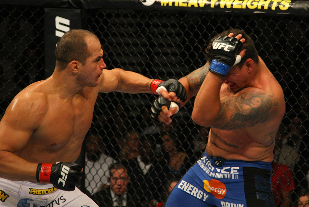 LAS VEGAS, NV - MAY 26:  Junior dos Santos (L) punches Frank Mir during the Heavyweight Championship bout at UFC 146 at MGM Grand Garden Arena on May 26, 2012 in Las Vegas, Nevada. (Photo by Donald Miralle/Zuffa LLC/Zuffa LLC via Getty Images)