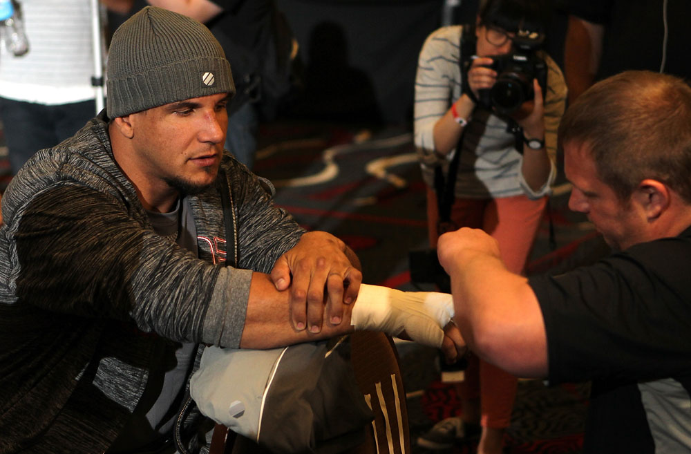LAS VEGAS, NV - MAY 23: Frank Mir works out for the media and fans during the UFC 146 Open Workouts at MGM Grand on May 23, 2012 in Las Vegas, Nevada. (Photo by Josh Hedges/Zuffa LLC/Zuffa LLC via Getty Images)