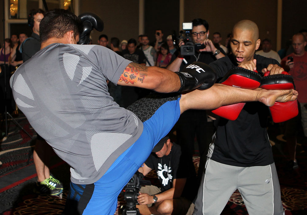 LAS VEGAS, NV - MAY 23: Frank Mir works out for the media and fans during the UFC 146 Open Workouts at MGM Grand on May 23, 2012 in Las Vegas, Nevada. (Photo by Josh Hedges/Zuffa LLC/Zuffa LLC via Getty Images)