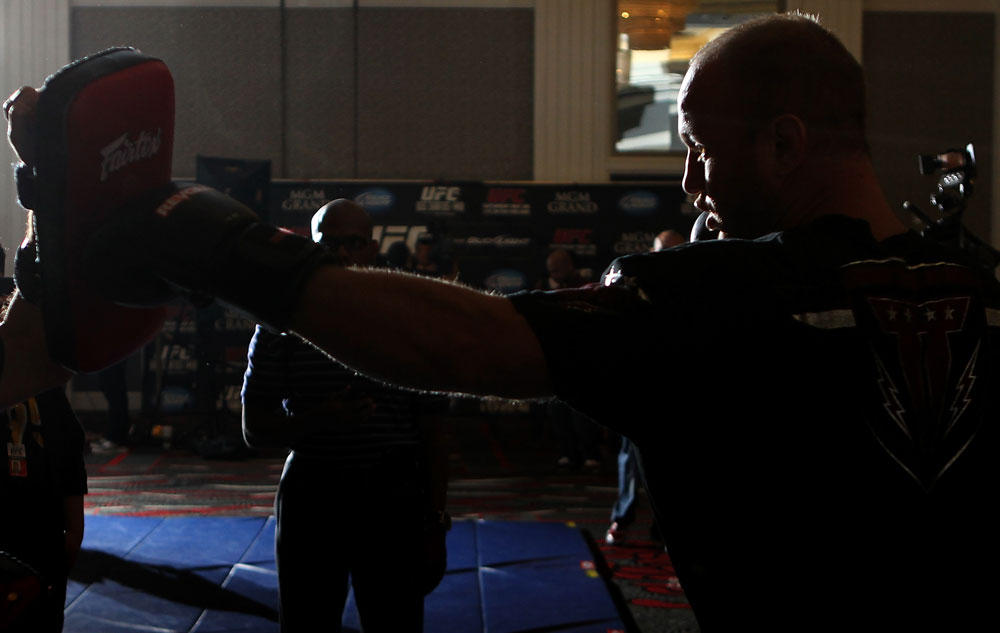 LAS VEGAS, NV - MAY 23:   Dave Herman works out for the media and fans during the UFC 146 Open Workouts at MGM Grand on May 23, 2012 in Las Vegas, Nevada.  (Photo by Josh Hedges/Zuffa LLC/Zuffa LLC via Getty Images)