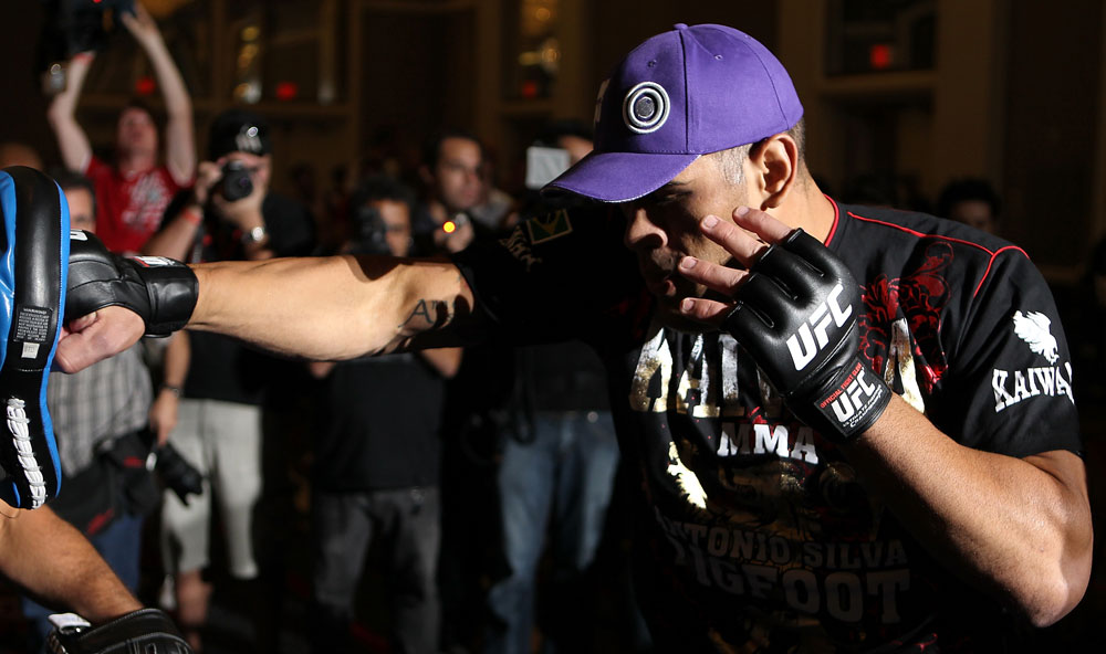 LAS VEGAS, NV - MAY 23:   Antonio "Big Foot" Silva works out for the media and fans during the UFC 146 Open Workouts at MGM Grand on May 23, 2012 in Las Vegas, Nevada.  (Photo by Josh Hedges/Zuffa LLC/Zuffa LLC via Getty Images)