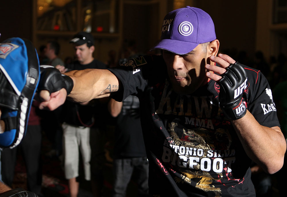 LAS VEGAS, NV - MAY 23: Antonio "Big Foot" Silva works out for the media and fans during the UFC 146 Open Workouts at MGM Grand on May 23, 2012 in Las Vegas, Nevada. (Photo by Josh Hedges/Zuffa LLC/Zuffa LLC via Getty Images)