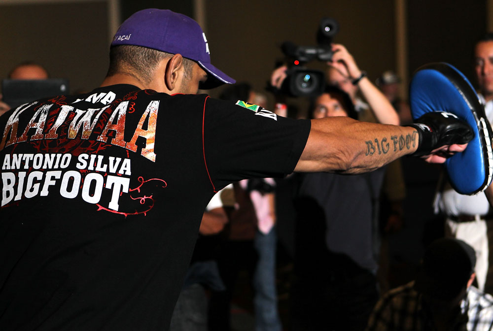 LAS VEGAS, NV - MAY 23: Antonio "Big Foot" Silva works out for the media and fans during the UFC 146 Open Workouts at MGM Grand on May 23, 2012 in Las Vegas, Nevada. (Photo by Josh Hedges/Zuffa LLC/Zuffa LLC via Getty Images)